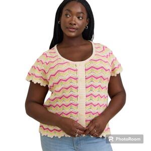 5X 28W Torrid Pink Crochet Sweater Flutter Sleeve Pointelle Pullover Open Knit